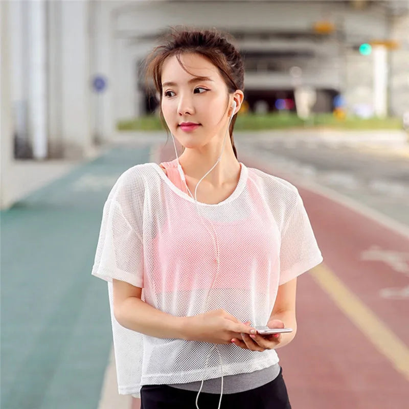 Camisa de yoga de malha feminina sexy manga curta camiseta esporte blusa cobrir secagem rápida roupas de ginásio correndo tanque de fitness sportwear