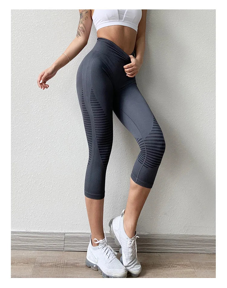 Cintura alta sem costura leggings esporte feminino colheita calças de yoga listra elástica capris ginásio treino leggings meninas fitness correndo collants
