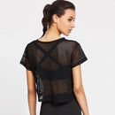 Camisa de yoga de malha feminina sexy manga curta camiseta esporte blusa cobrir secagem rápida roupas de ginásio correndo tanque de fitness sportwear