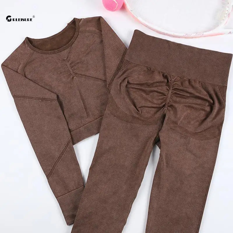 Chrleisure 2 pçs lavagem yoga terno sem costura roupa de treino esportes topo com levantamento de bunda ginásio ruched collants elástico activewear