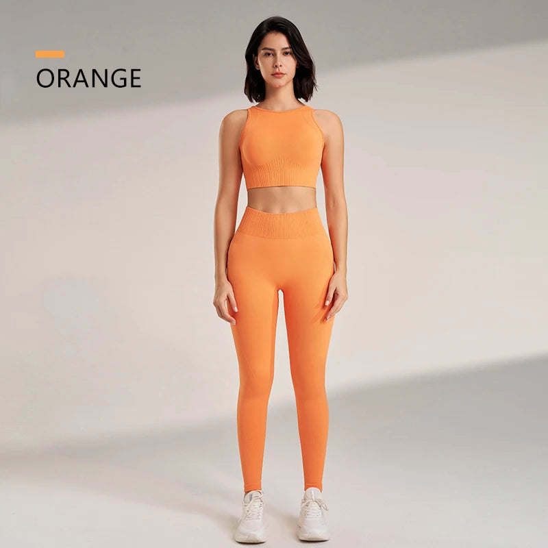 Conjunto de roupas de yoga feminino cintura alta leggings e topo duas peças sem costura roupas de exercício de fitness roupa interior de fitness plus size