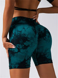 Shorts esportivos femininos com estampa tie-dye e cintura alta, shorts skinny casuais, confortáveis e respiráveis sem costura para ioga, academia, treino