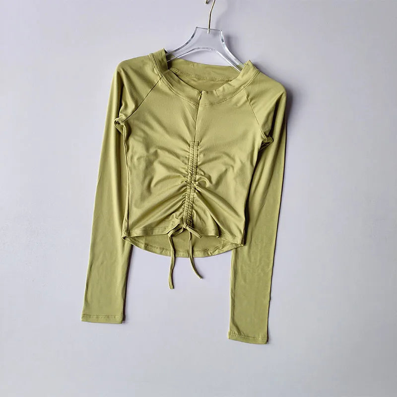 Meia zip esportes topo feminino apertado encaixe emagrecimento cordão yoga terno de manga comprida camiseta correndo terno de fitness outono inverno