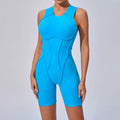 Novo verão costura cor sem costas macacões de yoga com almofadas no peito feminino sem mangas esportes bodysuit hip levantamento treino macacão