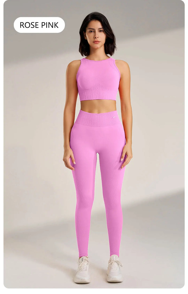Conjunto de roupas de yoga feminino cintura alta leggings e topo duas peças sem costura roupas de exercício de fitness roupa interior de fitness plus size