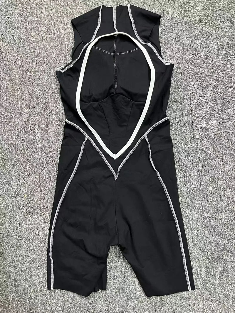 Novo verão costura cor sem costas macacões de yoga com almofadas no peito feminino sem mangas esportes bodysuit hip levantamento treino macacão