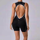 Novo verão costura cor sem costas macacões de yoga com almofadas no peito feminino sem mangas esportes bodysuit hip levantamento treino macacão