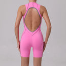 Novo verão costura cor sem costas macacões de yoga com almofadas no peito feminino sem mangas esportes bodysuit hip levantamento treino macacão