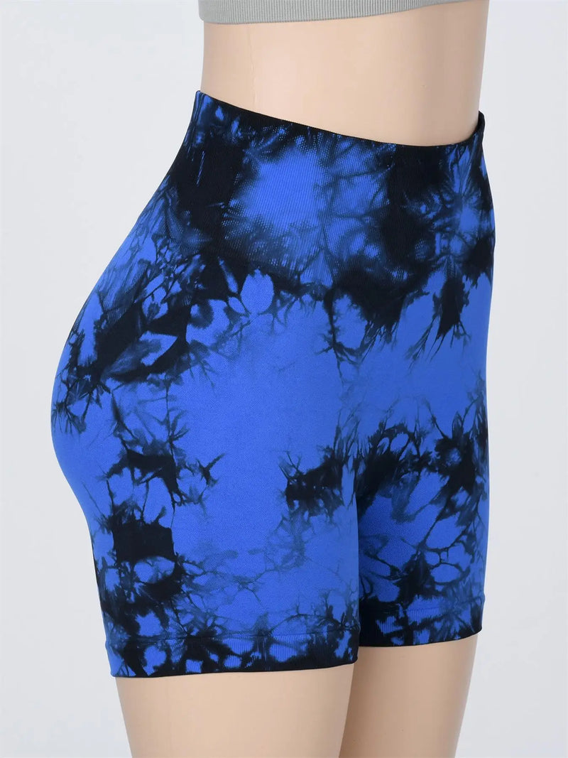 Shorts esportivos femininos com estampa tie-dye e cintura alta, shorts skinny casuais, confortáveis e respiráveis sem costura para ioga, academia, treino