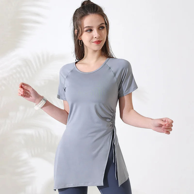 Mulheres camisas de treino manga curta yoga topo ginásio camisas longas lado cordão dividir esportes topo feminino respirável fitness yoga wear