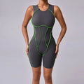 Novo verão costura cor sem costas macacões de yoga com almofadas no peito feminino sem mangas esportes bodysuit hip levantamento treino macacão