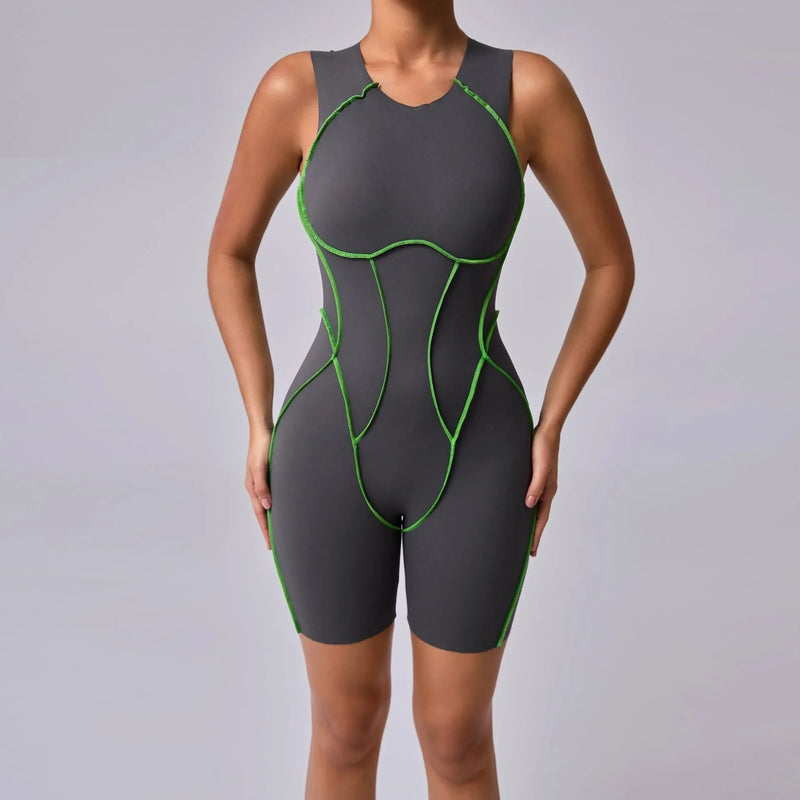 Novo verão costura cor sem costas macacões de yoga com almofadas no peito feminino sem mangas esportes bodysuit hip levantamento treino macacão