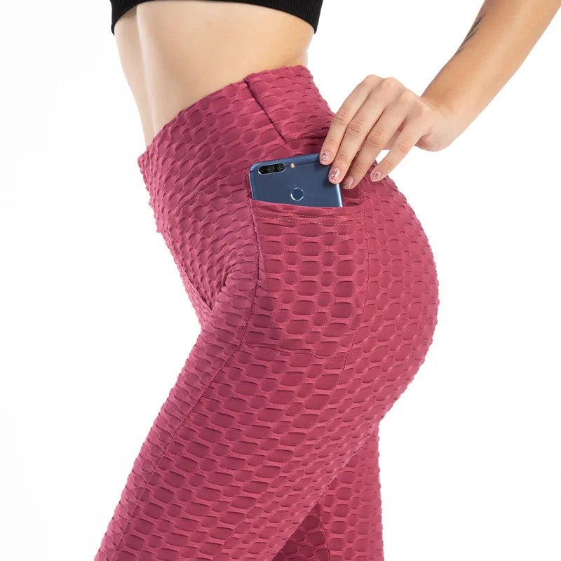 Moda feminina bolso bolha calças elásticas magro leggings ginásio correndo ciclismo calças de fitness cintura alta hip lift leggings feminino