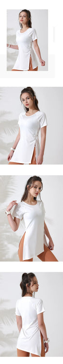 Mulheres camisas de treino manga curta yoga topo ginásio camisas longas lado cordão dividir esportes topo feminino respirável fitness yoga wear