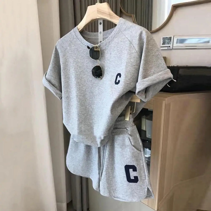 Camiseta estampada com letra feminina e calções com elástico na cintura, agasalho gola O, roupa exercício Lady, verão