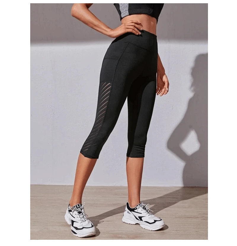 Calções Esportivos de Cintura Alta Hip Lift para Mulheres, Collants Bolsos Laterais, Roupa Esportiva de Ginásio Secagem Rápida, Corrida e Yoga, Calças Cortadas, Fitness e Nudez