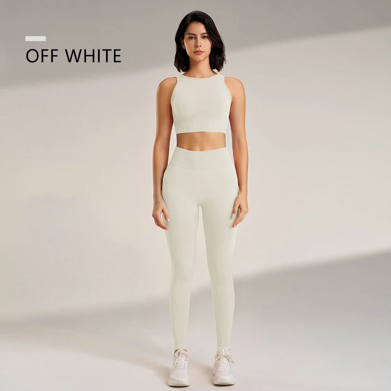 Conjunto de roupas de yoga feminino cintura alta leggings e topo duas peças sem costura roupas de exercício de fitness roupa interior de fitness plus size