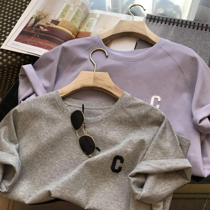 Camiseta estampada com letra feminina e calções com elástico na cintura, agasalho gola O, roupa exercício Lady, verão