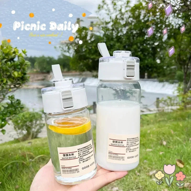 Garrafa de água transparente portátil kawaii, copo de água esportivo, copo prático de plástico, viagem ao ar livre, escritório, garrafa de água essencial]