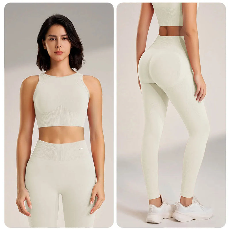 Conjunto de roupas de yoga feminino cintura alta leggings e topo duas peças sem costura roupas de exercício de fitness roupa interior de fitness plus size