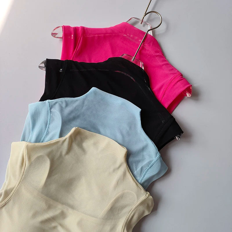Malha integrada copo voador manga curta anti-rugas esportes yoga fitness conforto almofada no peito wear-free sutiã suspender topo