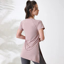 Mulheres camisas de treino manga curta yoga topo ginásio camisas longas lado cordão dividir esportes topo feminino respirável fitness yoga wear