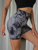 Shorts esportivos femininos com estampa tie-dye e cintura alta, shorts skinny casuais, confortáveis e respiráveis sem costura para ioga, academia, treino