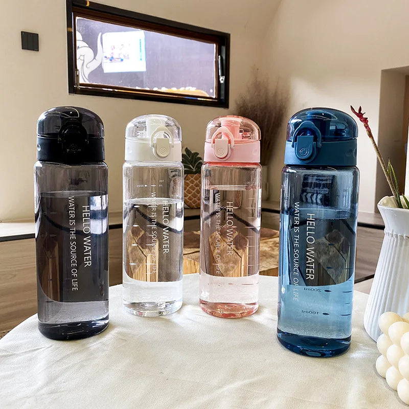 Garrafa de água transparente portátil, 780ml, esportes, viagem, transparente, à prova de vazamento, copo fosco para academia, fitness, escola ao ar livre