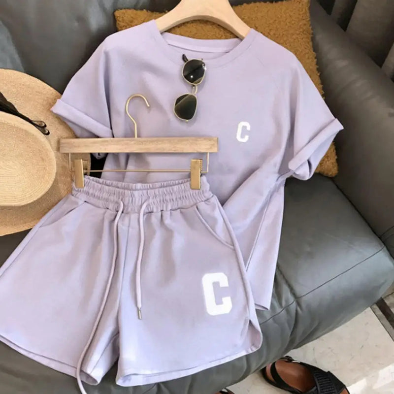 Camiseta estampada com letra feminina e calções com elástico na cintura, agasalho gola O, roupa exercício Lady, verão