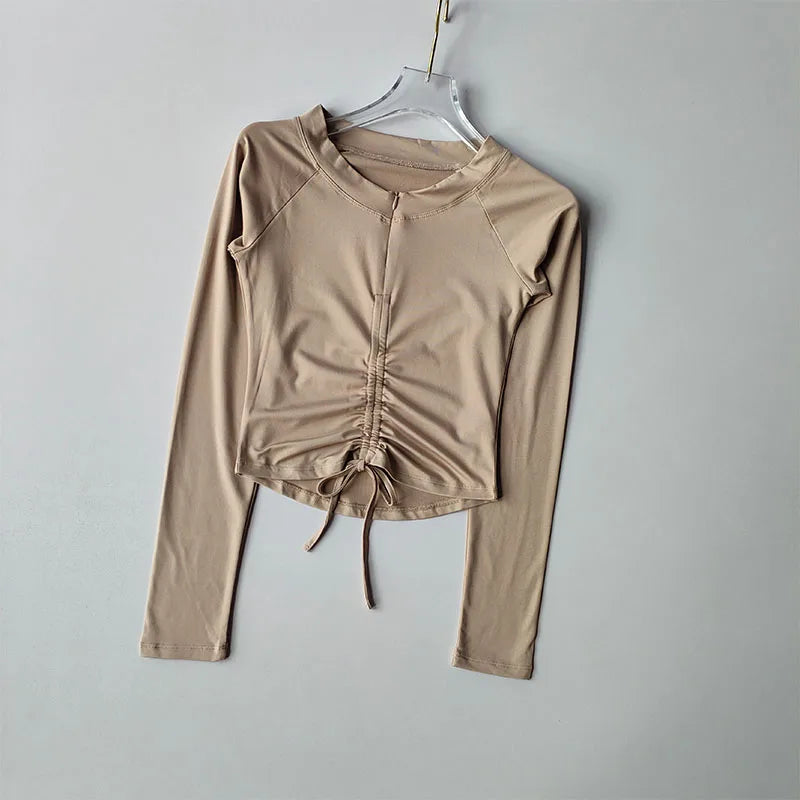 Meia zip esportes topo feminino apertado encaixe emagrecimento cordão yoga terno de manga comprida camiseta correndo terno de fitness outono inverno