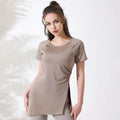 Mulheres camisas de treino manga curta yoga topo ginásio camisas longas lado cordão dividir esportes topo feminino respirável fitness yoga wear