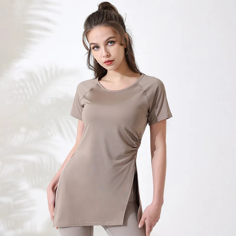 Mulheres camisas de treino manga curta yoga topo ginásio camisas longas lado cordão dividir esportes topo feminino respirável fitness yoga wear