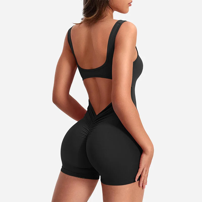 Roupas de ginástica femininas yoga sólido ruched sem costas sem mangas gola quadrada magro sexy macacão ropa deportiva mujer ginásio playsuits