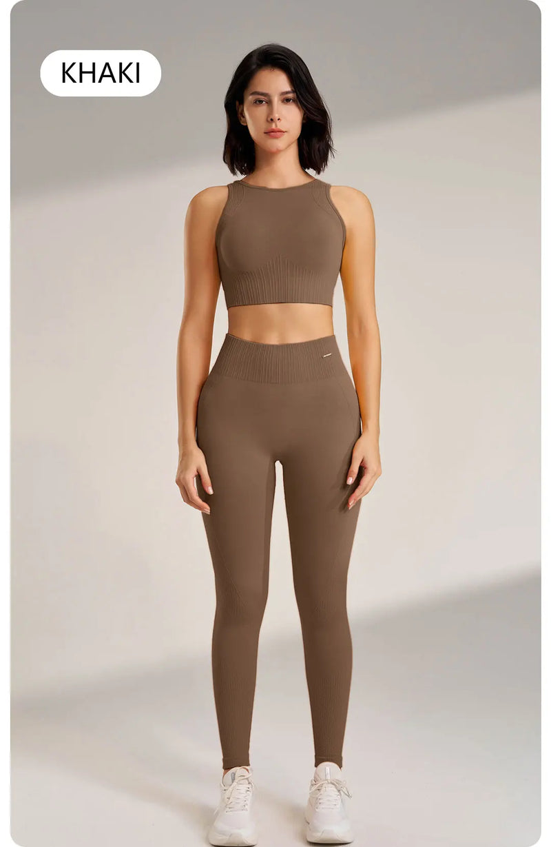 Conjunto de roupas de yoga feminino cintura alta leggings e topo duas peças sem costura roupas de exercício de fitness roupa interior de fitness plus size