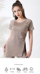 Mulheres camisas de treino manga curta yoga topo ginásio camisas longas lado cordão dividir esportes topo feminino respirável fitness yoga wear