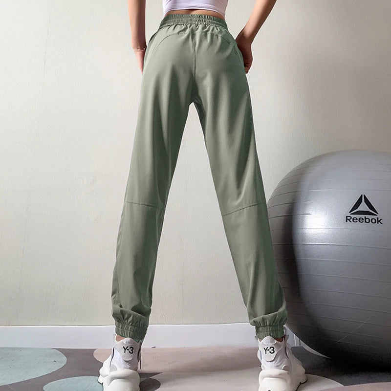 Calças esportivas de fitness mulheres elástico cintura/pé secagem rápida solta ciclismo correndo yoga calças femininas streetwear pantalon femme