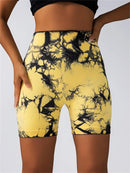 Shorts esportivos femininos com estampa tie-dye e cintura alta, shorts skinny casuais, confortáveis e respiráveis sem costura para ioga, academia, treino