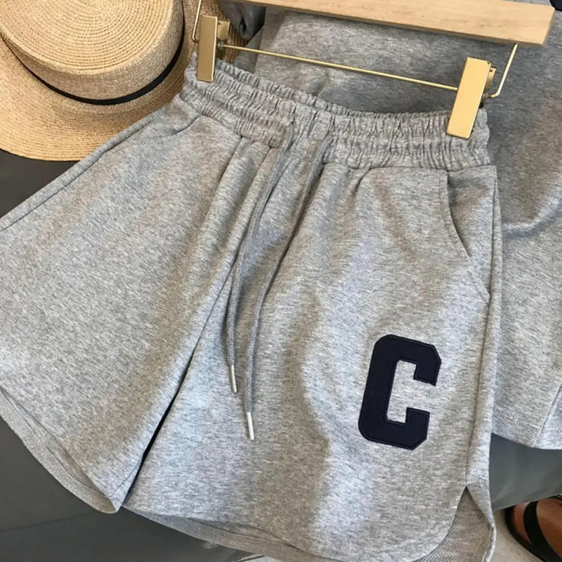 Camiseta estampada com letra feminina e calções com elástico na cintura, agasalho gola O, roupa exercício Lady, verão