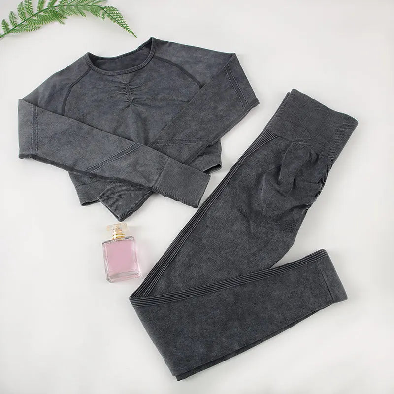 Chrleisure conjunto esportivo de lavagem para mulheres, sem costura, yoga, manga longa, fitness, com levantamento de bunda, leggings de treino, academia