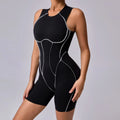 Novo verão costura cor sem costas macacões de yoga com almofadas no peito feminino sem mangas esportes bodysuit hip levantamento treino macacão