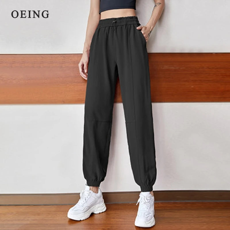 Calças esportivas de fitness mulheres elástico cintura/pé secagem rápida solta ciclismo correndo yoga calças femininas streetwear pantalon femme