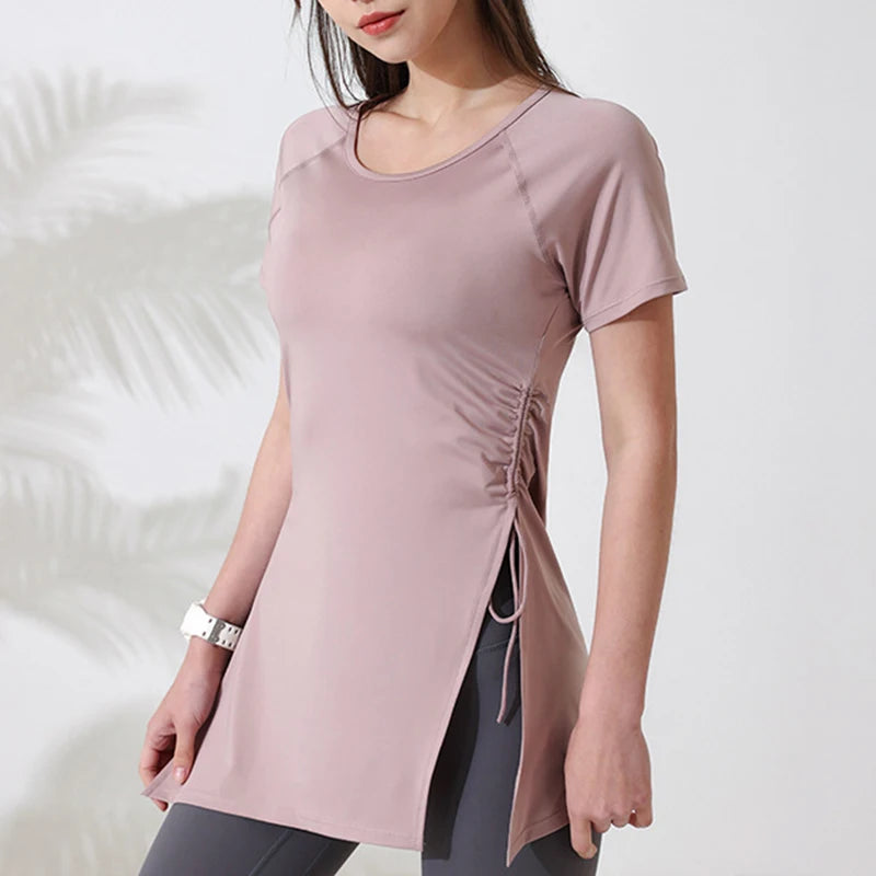 Mulheres camisas de treino manga curta yoga topo ginásio camisas longas lado cordão dividir esportes topo feminino respirável fitness yoga wear