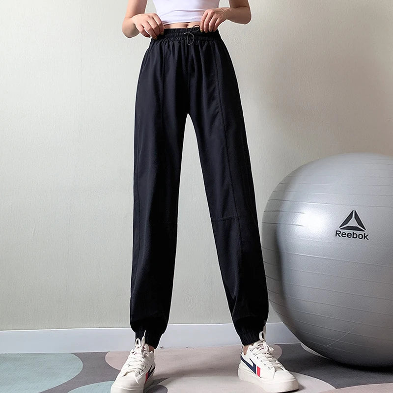Calças esportivas de fitness mulheres elástico cintura/pé secagem rápida solta ciclismo correndo yoga calças femininas streetwear pantalon femme