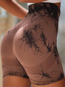 Shorts esportivos femininos com estampa tie-dye e cintura alta, shorts skinny casuais, confortáveis e respiráveis sem costura para ioga, academia, treino