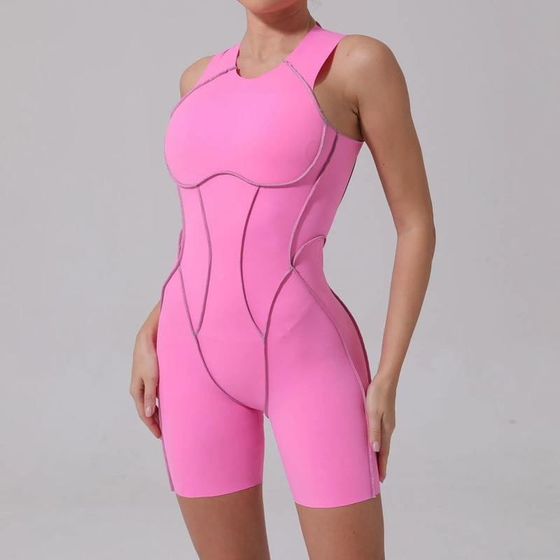 Novo verão costura cor sem costas macacões de yoga com almofadas no peito feminino sem mangas esportes bodysuit hip levantamento treino macacão
