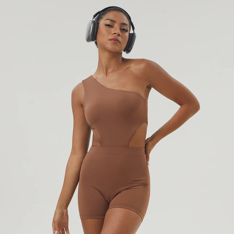 Mulheres de um ombro esporte bodyduit elástico acolchoado fitness ginásio yoga macacão
