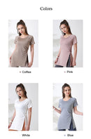 Mulheres camisas de treino manga curta yoga topo ginásio camisas longas lado cordão dividir esportes topo feminino respirável fitness yoga wear