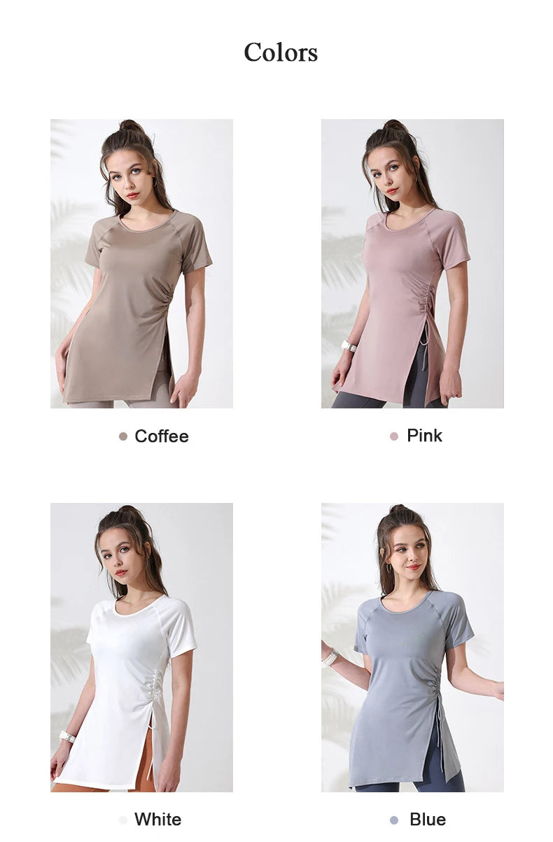 Mulheres camisas de treino manga curta yoga topo ginásio camisas longas lado cordão dividir esportes topo feminino respirável fitness yoga wear
