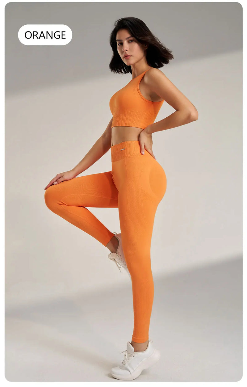 Conjunto de roupas de yoga feminino cintura alta leggings e topo duas peças sem costura roupas de exercício de fitness roupa interior de fitness plus size