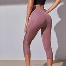 Calções Esportivos de Cintura Alta Hip Lift para Mulheres, Collants Bolsos Laterais, Roupa Esportiva de Ginásio Secagem Rápida, Corrida e Yoga, Calças Cortadas, Fitness e Nudez